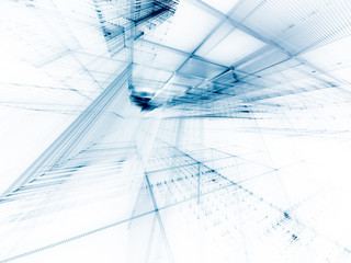 Abstract blue toned background element on white. Perspective composition of grids and matrix patterns. Detailed fractal graphics. Information technology concept.