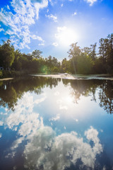 River landscape at sunset with reflection on water