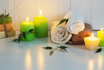 Beautiful composition of spa treatment on white background