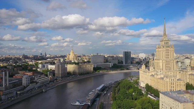 sunny day moscow city river bay famous buildings aerial panorama 4k russia
