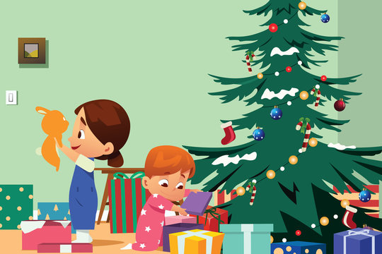 Children Opening Christmas Presents Illustration