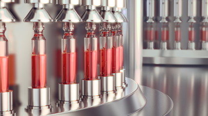 Pharmaceutical manufacturing line at pharmacy factory. 3d illustration