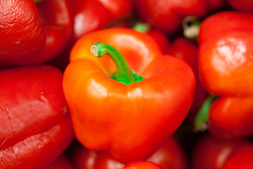 colorful bell peppers, natural background Sweet pepper on shop window for sale on the market top view