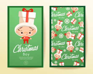 Boy and girl wearing Christmas fancy hat : Vertical Card Template : Vector Illustration
