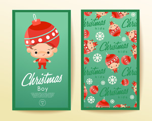 Boy and girl wearing Christmas fancy hat : Vertical Card Template : Vector Illustration