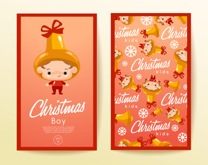 Boy and girl wearing Christmas fancy hat : Vertical Card Template : Vector Illustration