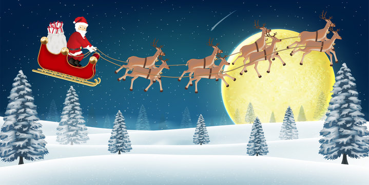 santa claus with reindeer fly over winter hill