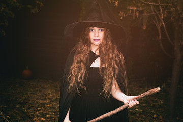 Beautiful woman in witch clothes holding a broom against a rural autumn scene.