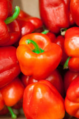 colorful bell peppers, natural background Sweet pepper on shop window for sale on the market top view