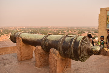 beautiful cannon put on the top of jaisalmer fort rajasthan india