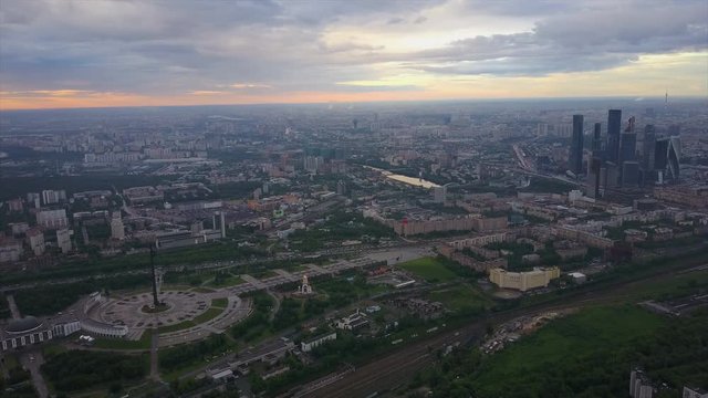 sunset sky moscow city poklonnaya hill park cityscape aerial panorama 4k russia
