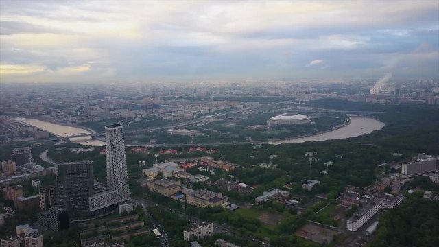 twilight moscow river famous luzniki cityscape aerial panorama 4k russia
