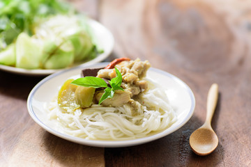 Thai food, rice vermicelli noodles with green curry chicken