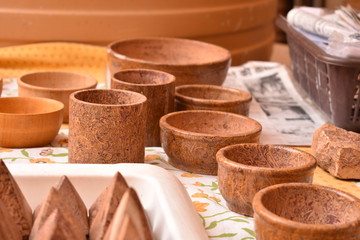 beautiful fossil stone pots in shop of jaisalmer fort rajasthan india
