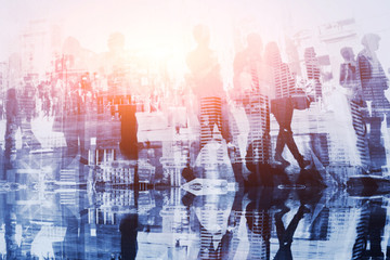 silhouettes of business people, abstract crowd double exposure
