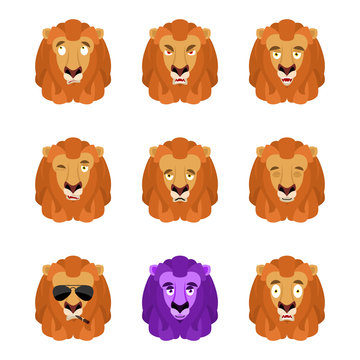Lion set emoji avatar. sad and angry face. guilty and sleeping. Wild animal sleeping emotion face. Beast Eggplant. Vector illustration