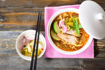 Northern Thai food (Khao soi), curry noodles soup with chicken