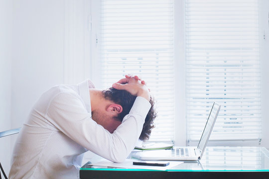 Emotional Burnout, Tired Businessman At Workplace In The Office, Stress Concept