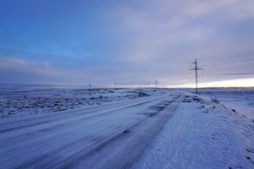 Fototapeta na wymiar Tundra landscape cover with snow in early Winter on the way from Murmansk to Teriberka