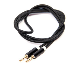 black sound cable with 3.5 mm audio jack isolated on white background
