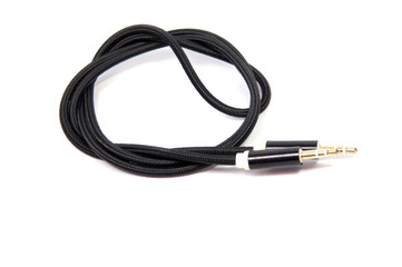 black sound cable with 3.5 mm audio jack isolated on white background