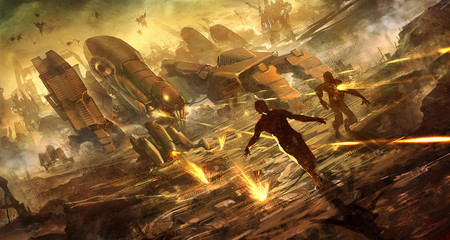 digital illustration of futuristic science fiction robot machine army killing terminating the escape human people © Camille