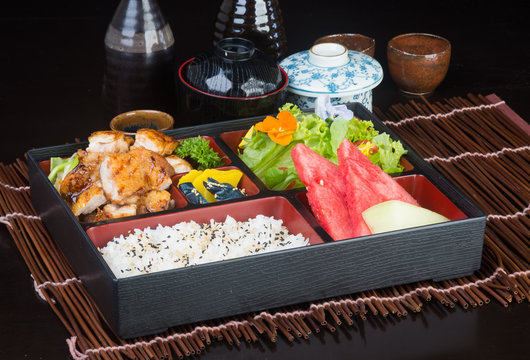japanese cuisine. lunch box set on the background