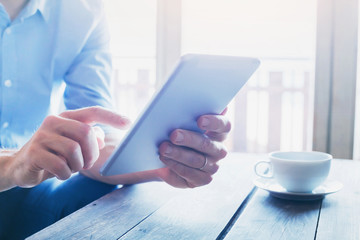 people using technologies, close up of male hands with digital tablet computer device