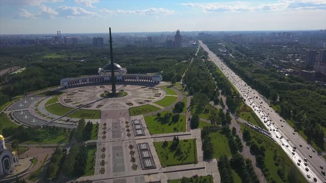 sunny moscow poklonnaya hill park square traffic prospect cityscape aerial panorama 4k russia
