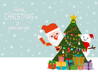Christmas or New Year holiday art. Vector illustration. Greeting cards, poster or banner. Santa Claus and snowman with decorated Christmas tree and gifts.