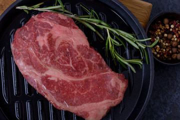 Raw beef steak on grill pan