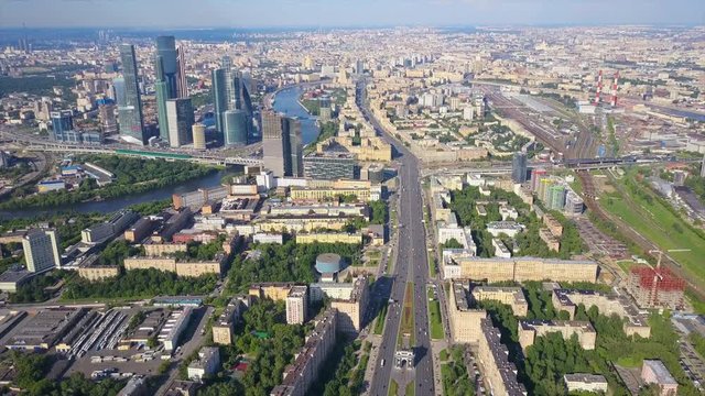 day time modern moscow city famous kutuzovsky traffic avenue aerial panorama 4k russia
