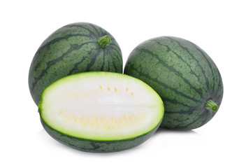 two whole young green small watermelon with half  isolated on white background