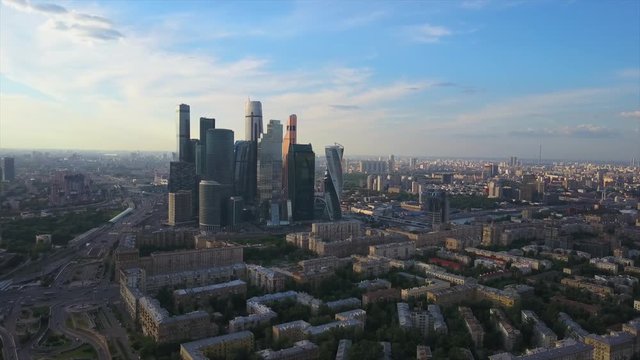 sunny evening modern moscow city aerial panorama 4k russia
