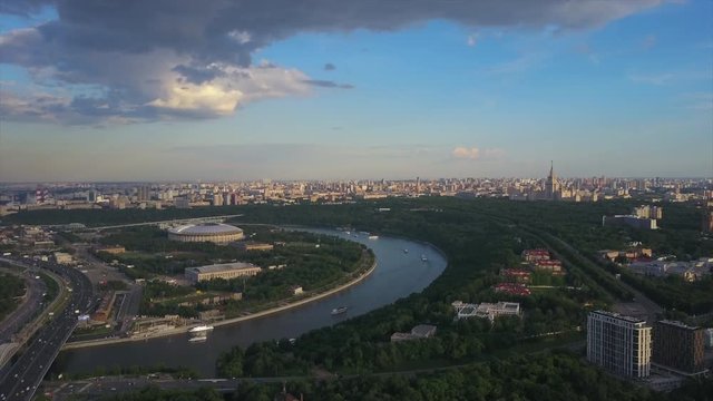 sunny evening moscow famous sparrow hills river aerial panorama 4k russia
