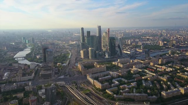 sunny sunset moscow modern city traffic ring road aerial panorama 4k russia

