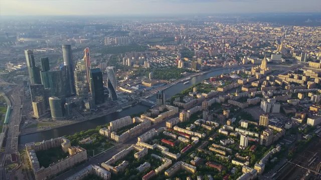 sunny sunset moscow modern city river aerial panorama 4k russia
