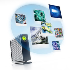 External hard drive with projected photos. 3D illustration