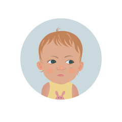 Resentful child emoticon. Cute offended baby emoji. Discontent toddler smiley expression. Isolated vector illustration  