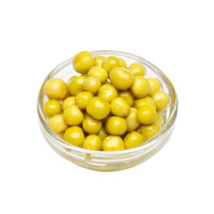 Canned peas in glass bowl. Isolated