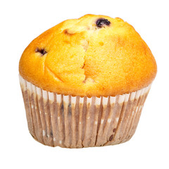 Raisin upcake in culinary paper. Isolated