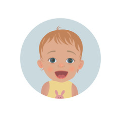 Cute surprised baby emoticon. Astonished child smiley icon.  Amazed kid expression vector illustration