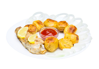 Fried fish with potatoes and chopped onions with ketchup. Isolate