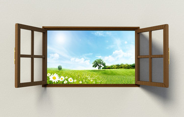 Open windows with a nice green field view. 3D illustration