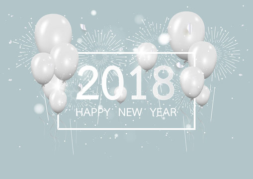 Happy new year 2018 with creative gray balloon and firework concept on pastel pink background for copy space. minimal concept. Vector Illustration