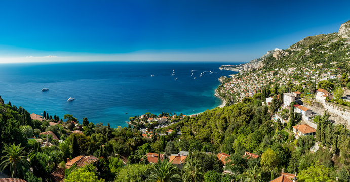 Panoramic view of Roquebrune Cap Martin showing coastline with yachts