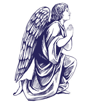 angel prays on his knees religious symbol of Christianity hand drawn vector illustration sketch