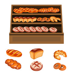 Set of bakery products on wooden shelves