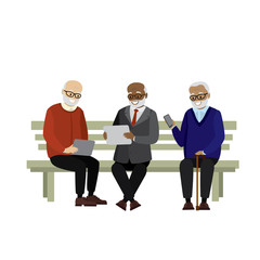 grandfathers with smart gadgets sitting on the bench