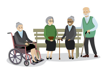 multicultural old people are sitting on the bench,grandmother in a wheelchair